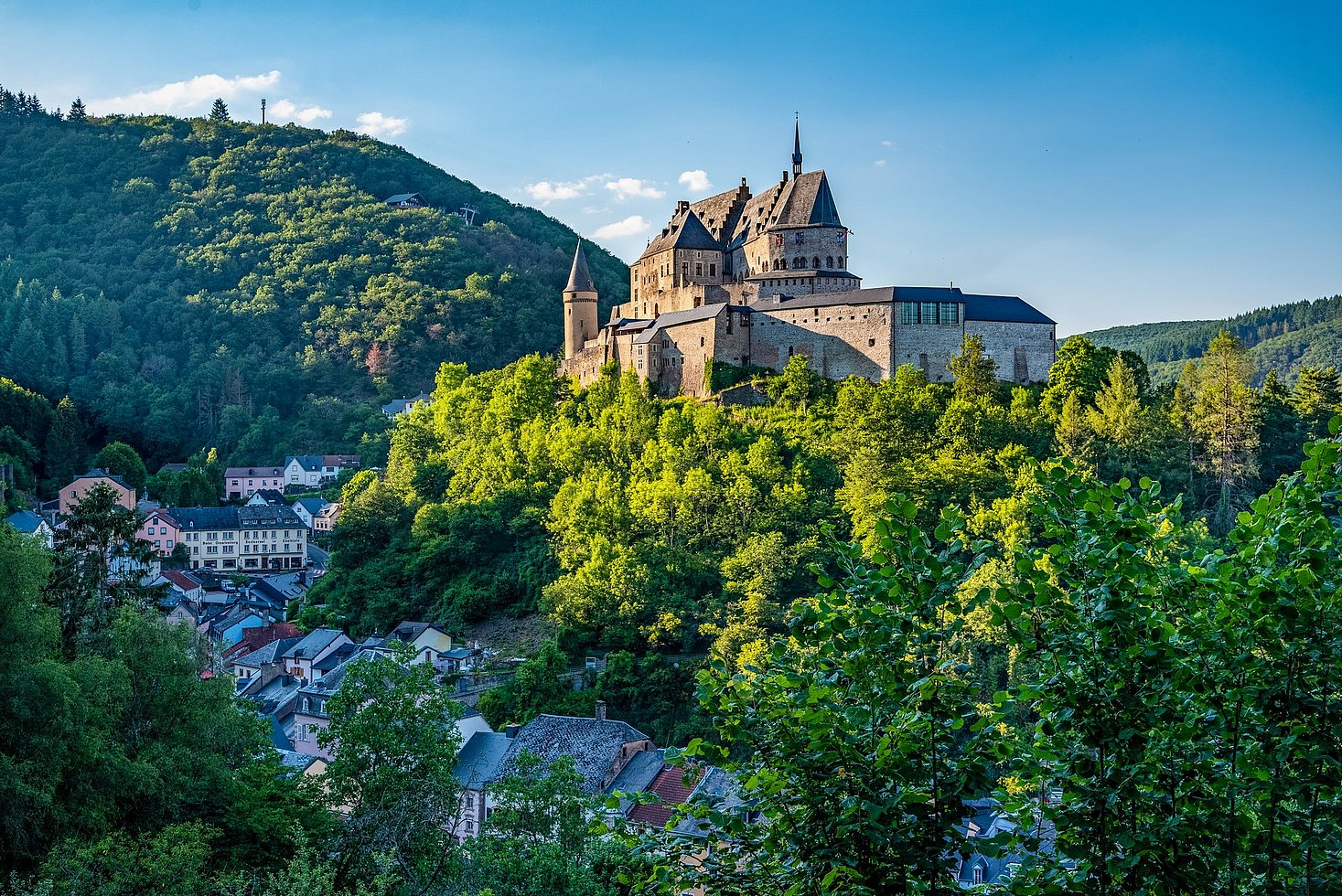 A view of Vianden Castle on a sunny day with a view of the surrounding town.
