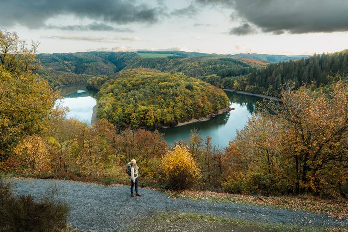 Een vrouw wandelt over een grindpad langs de Éislek Pad Bavigne. Ze bevindt zich op het uitzichtpunt Schäsbierg en geniet van het adembenemende uitzicht op de herfstige rivierbocht.