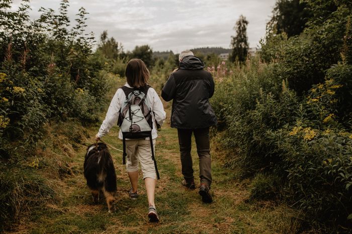 Un couple en tenue de randonnée marche avec un grand chien le long d’un sentier couvert d’herbe. Des haies bordent le chemin des deux côtés, et le ciel est couvert.