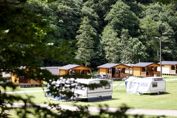 Un camping au milieu d'une prairie verte, entouré d'une forêt dense en été. Le site comprend des chalets et quelques caravanes.