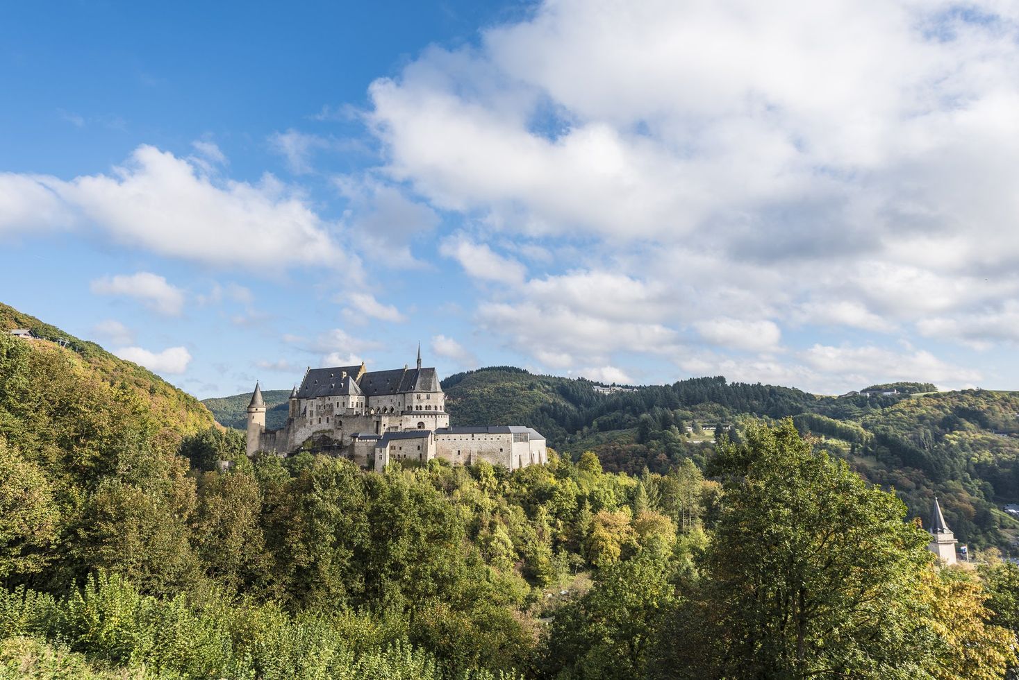 Eine Aufnahme des Schlosses von Vianden, das zwischen dem Wald auf einem Felsen an einem Sommertag zu sehen ist, mit blauem Himmel im Hintergrund.