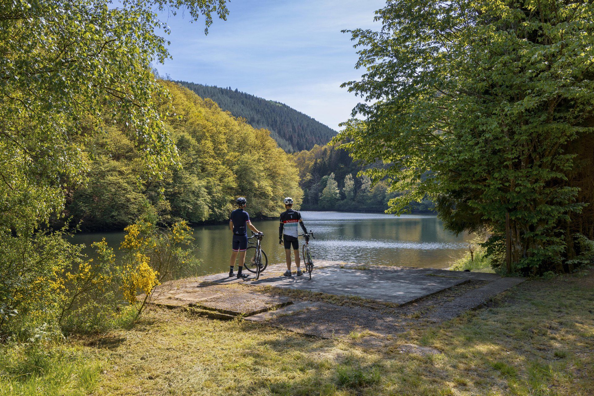 Deux cyclistes avec leurs vélos au bord du lac de la Haute-Sûre entouré de forêt