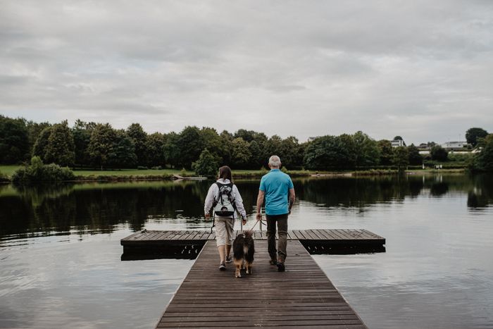 Een ouder koppel met een hond wandelt over een houten pad richting het meer van Weiswampach.
