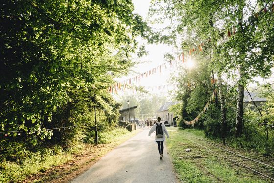 ersonne marchant sur le site décoré du festival Koll an Aktioun à Haut-Martelange