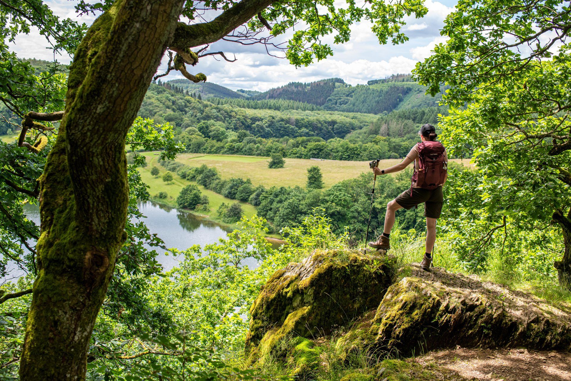 Un homme se tient sur un rocher avec vue sur le lac de la Haute-Sûre lors d’une randonnée estivale.